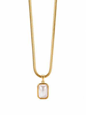 Gold necklace with a rectangular pearl pendant on a white background