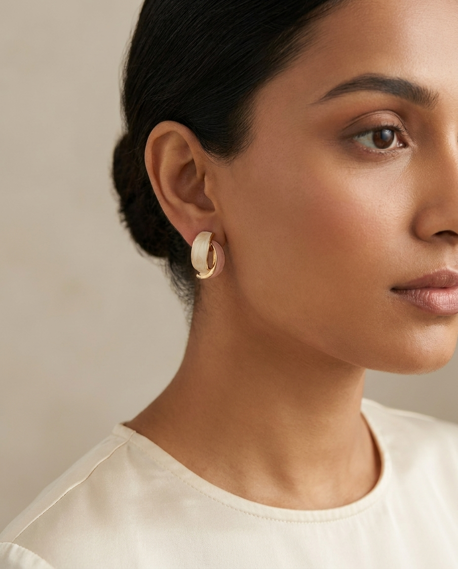 Pastel enamel hoop earrings on ear, gold-tone hoops with pink and cream enamel