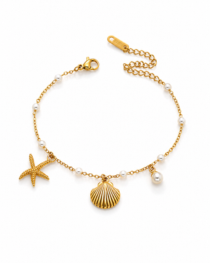 Gold seashell and starfish pearl bracelet with linked chain and lobster clasp