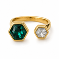 Gold open hexagon ring with green center stone and clear hexagon side stone