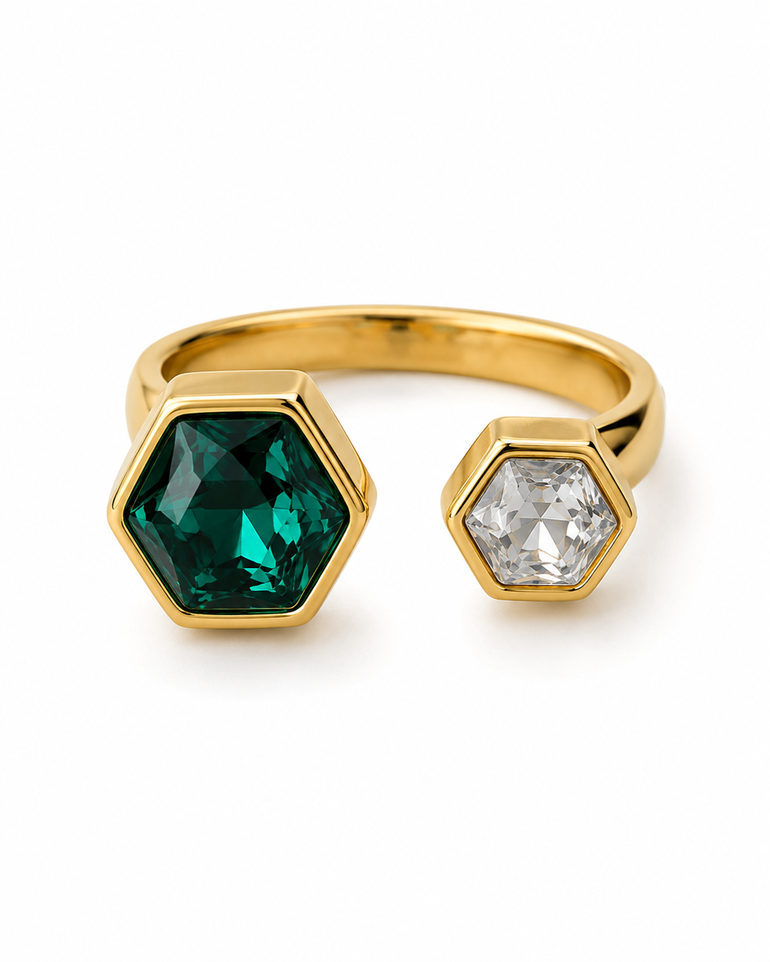 Gold open hexagon ring with green center stone and clear hexagon side stone