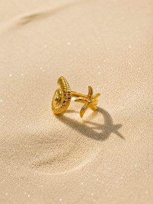 Gold-tone palm statement ring, ridged disk face and starfish post