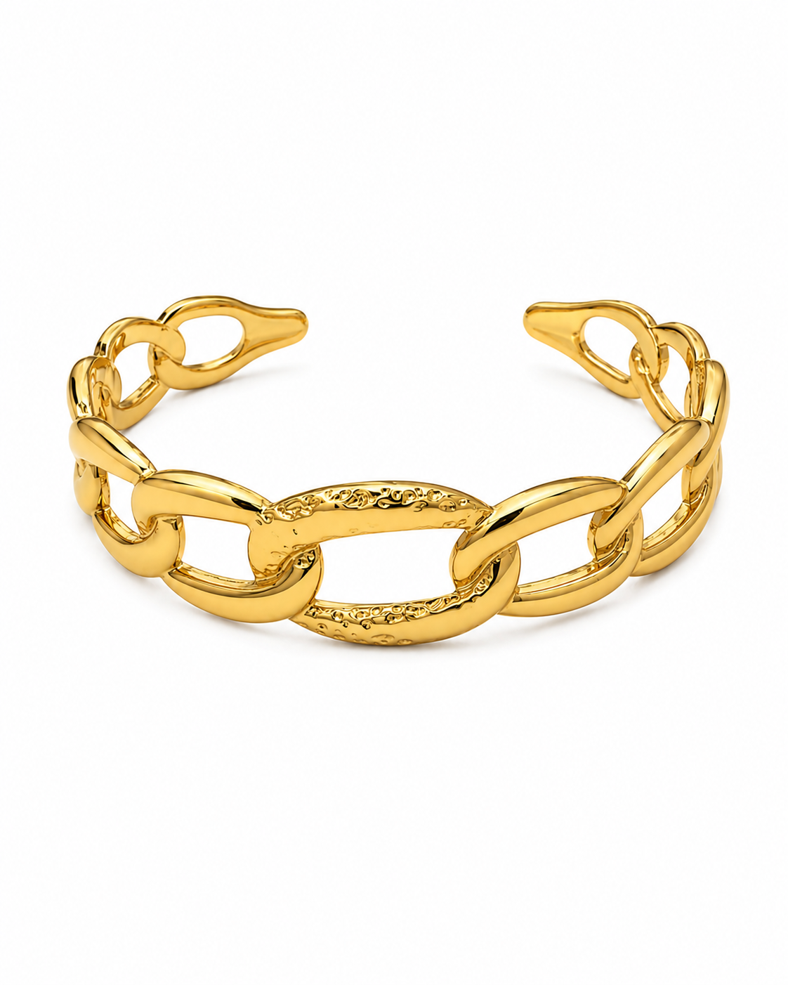 Gold sculpted link cuff bracelet with interlocking oval openwork links and textured centers
