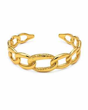 Gold sculpted link cuff bracelet with interlocking oval openwork links and textured centers