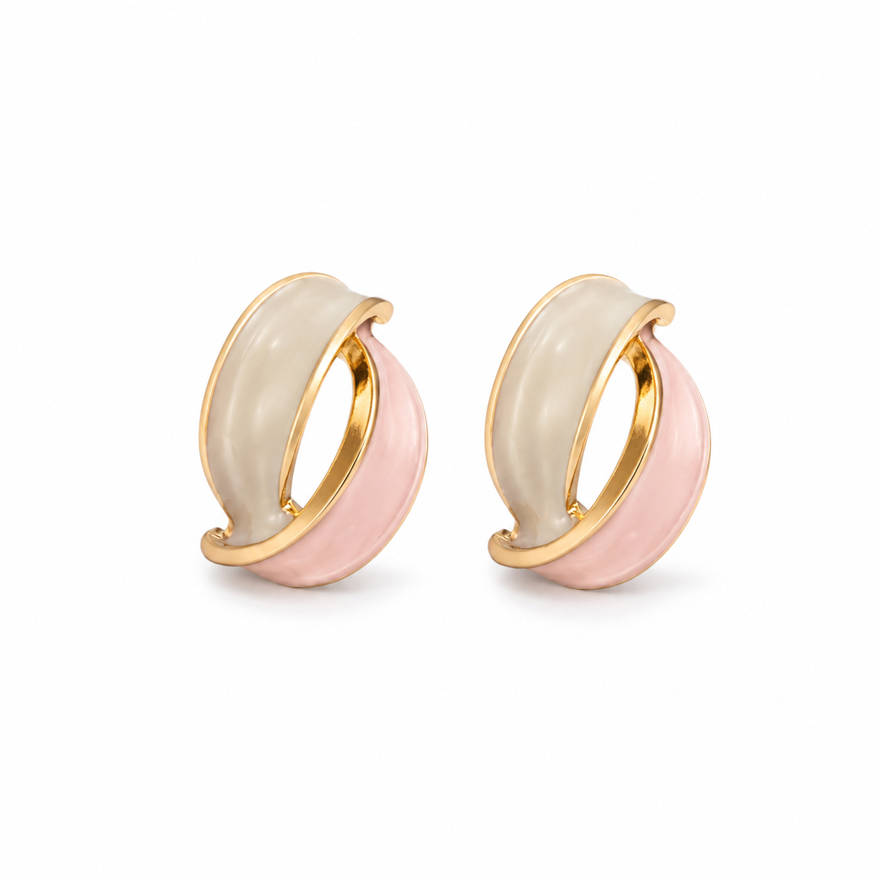 Pastel enamel hoop earrings with gold-tone inner and pink-and-cream enamel