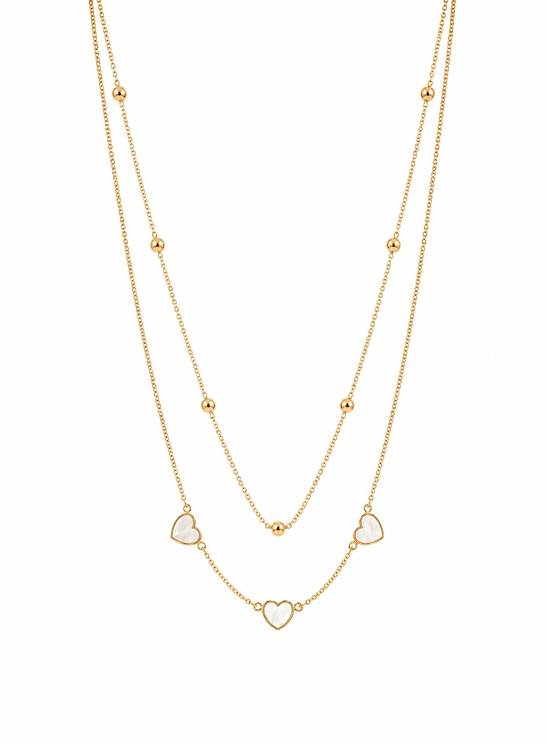 Gold necklace with heart-shaped pendants on a white background