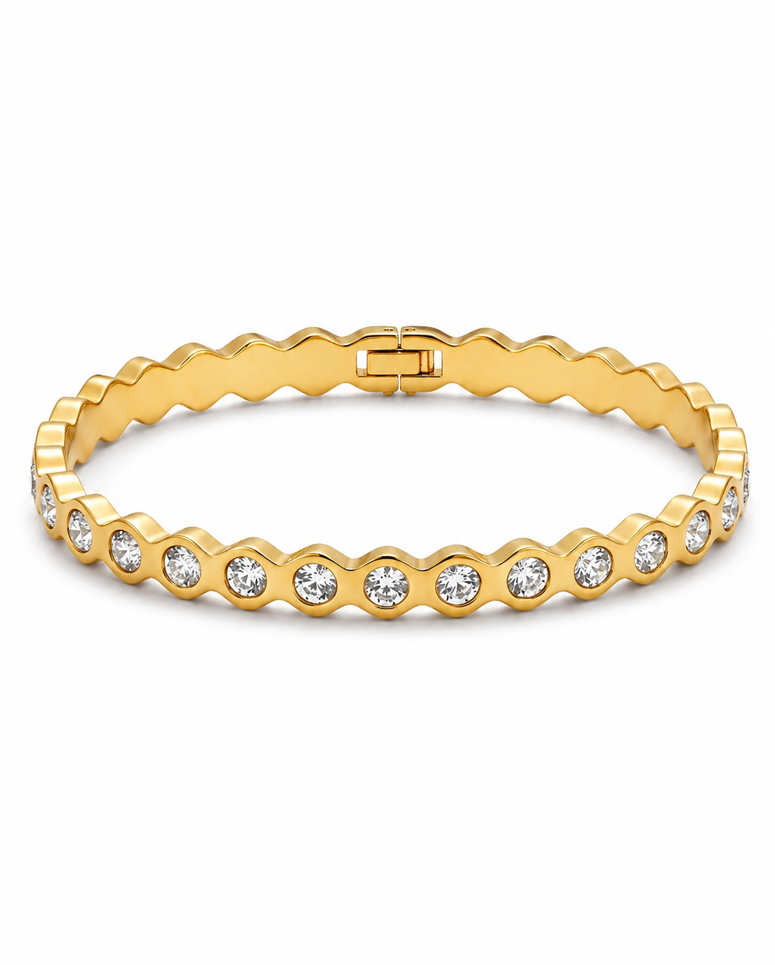 Gold scalloped tennis bracelet with round clear crystal stations and clasp