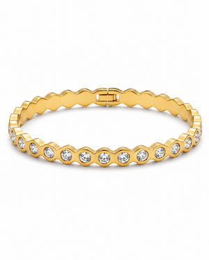 Gold scalloped tennis bracelet with round clear crystal stations and clasp