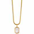 Gold necklace with a rectangular pearl pendant on a white background