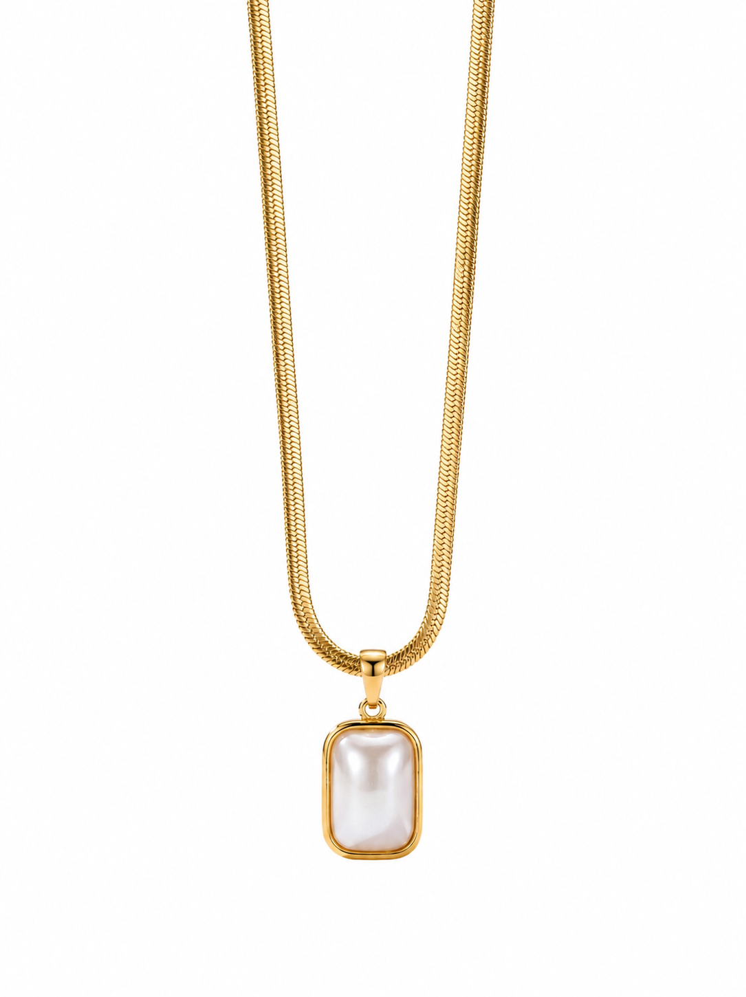Gold necklace with a rectangular pearl pendant on a white background