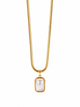 Gold necklace with a rectangular pearl pendant on a white background