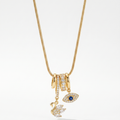 Gold charm pendant necklace with blue evil-eye enamel and small swan charms