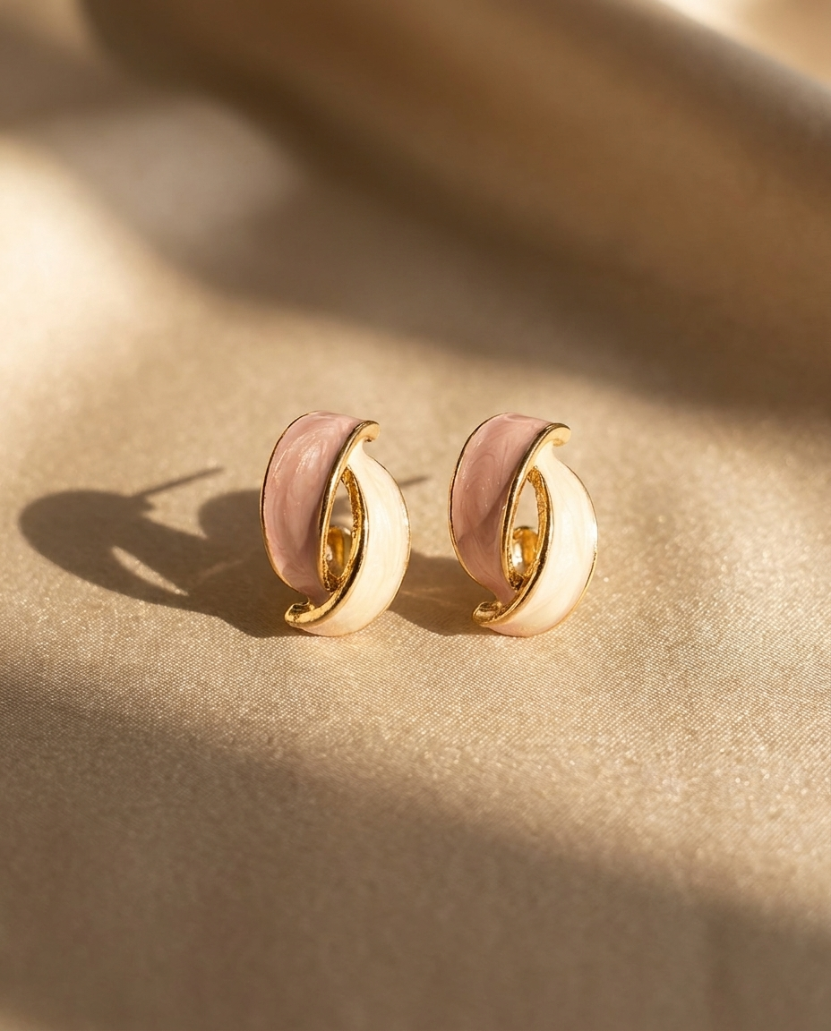 Pastel enamel hoop earrings, gold-tone hoops with pink and cream enamel inserts