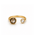 Silver ring with two heart-shaped diamonds on a white background
